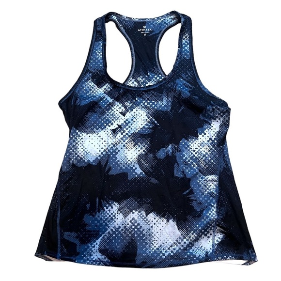 Women's Athleta Active Top Size Medium Black Blue Geometric Print Racerback - Picture 1 of 5